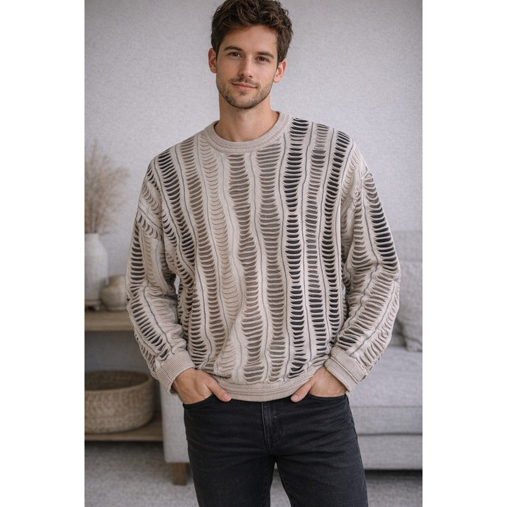 Tundra Canada Textured‎ Knit Sweater Mens L Beige Distressed Open Weave Coogi
